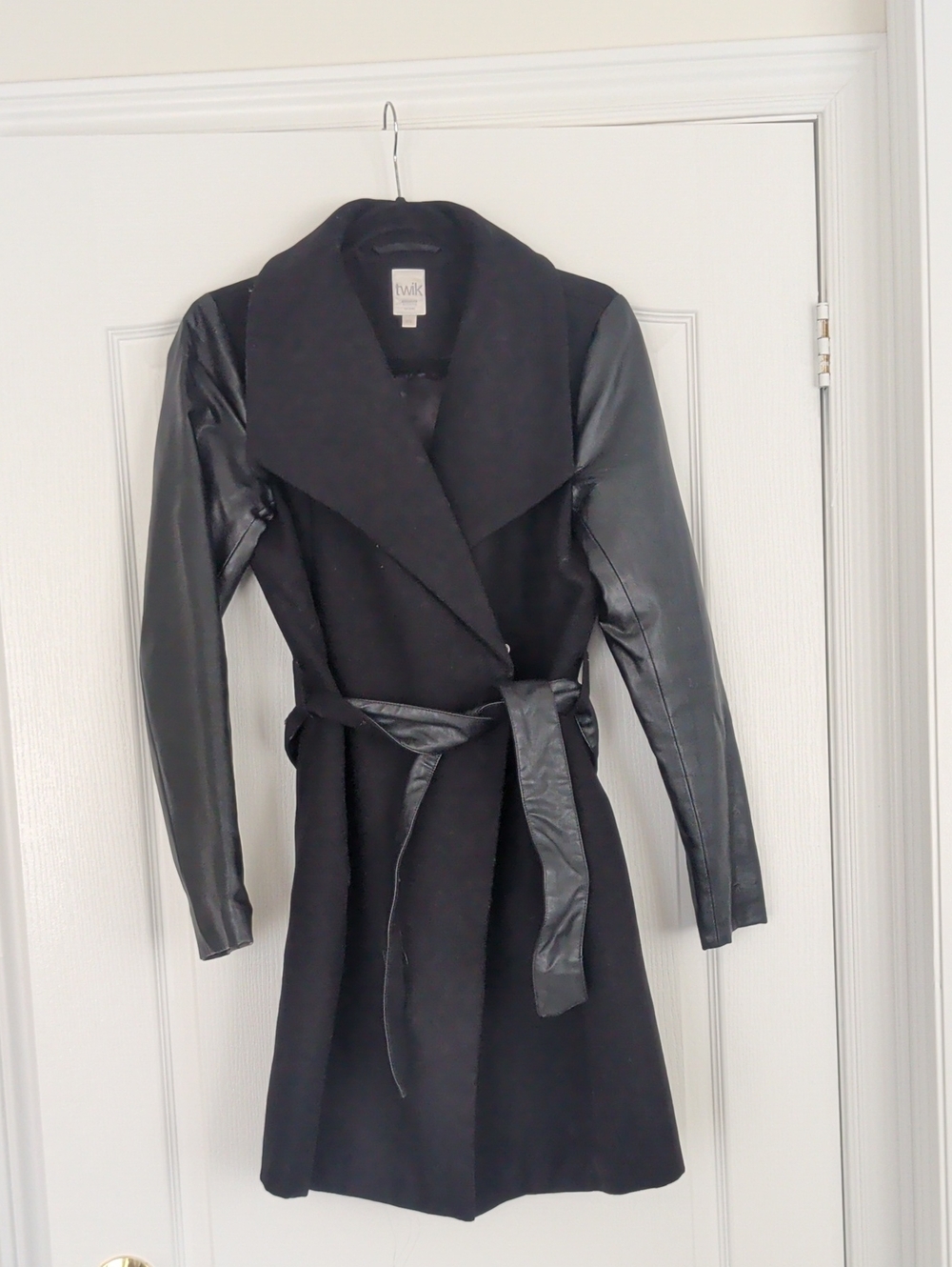Twik Black Wool Coat with Faux-Leather Sleeves